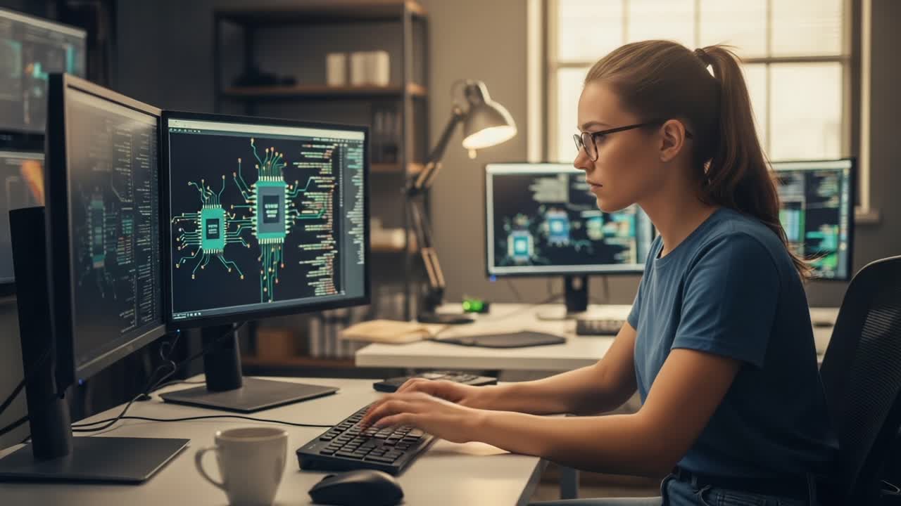 Focused Programmer Working on Complex Code in a Modern Tech Environment, Surrounded by Multiple Monitors Displaying Advanced Data Visualizations and Algorithms