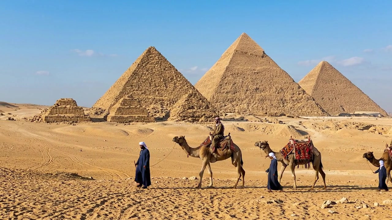 Touristen besuchen eine antike Pyramidenlandschaft während eines Wüstenreiseabenteuers