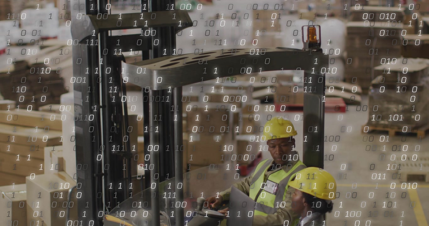 Logistics coordinator showing data on laptop and forklift operator checking and lifting forks