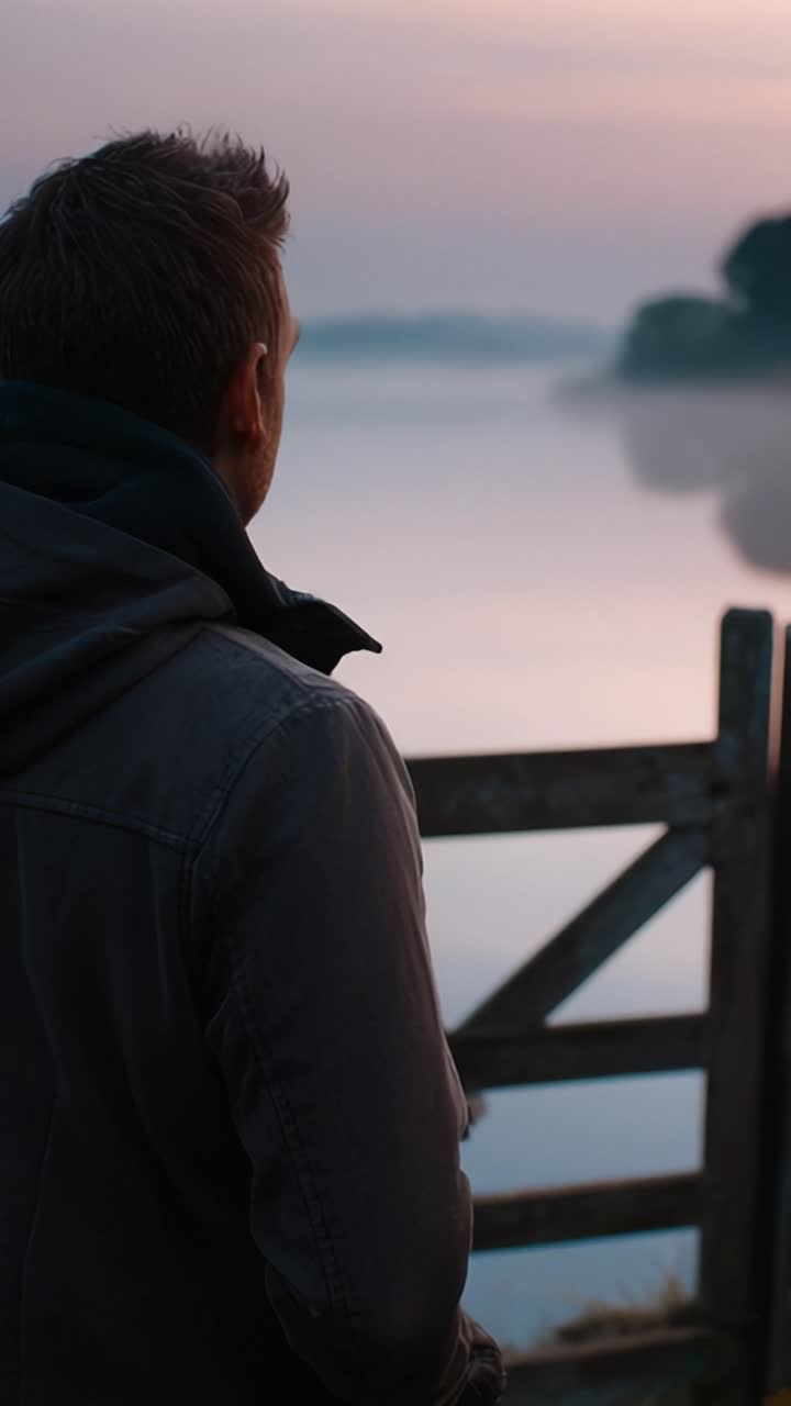 Riflessione contemplativa all'alba: Un uomo osserva un sereno lago nebbioso, catturando la bellezza della natura in un momento tranquillo in riva all'acqua