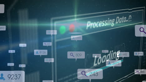 procesamiento de datos y carga de animación a través de una interfaz digital con iconos de búsqueda