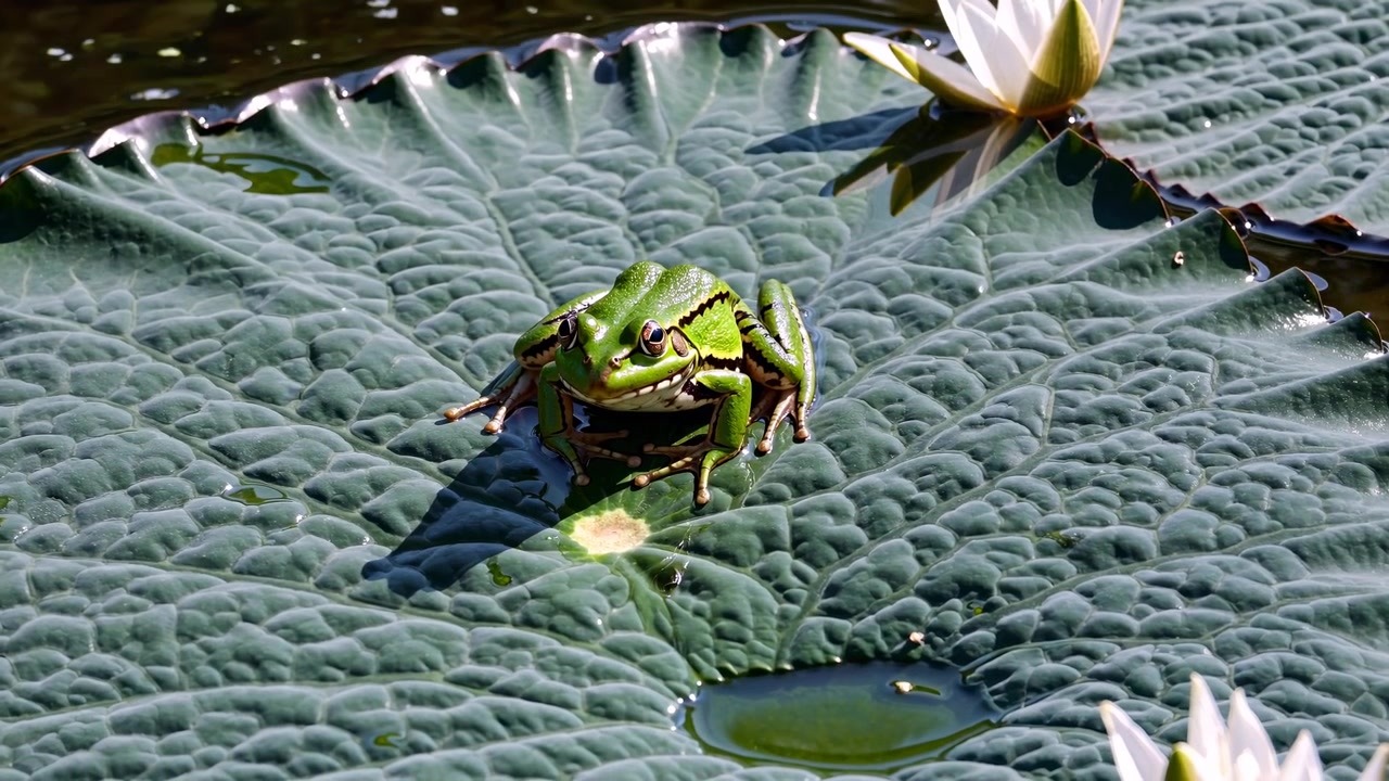 Primer plano de una rana verde descansando sobre un nenúfar