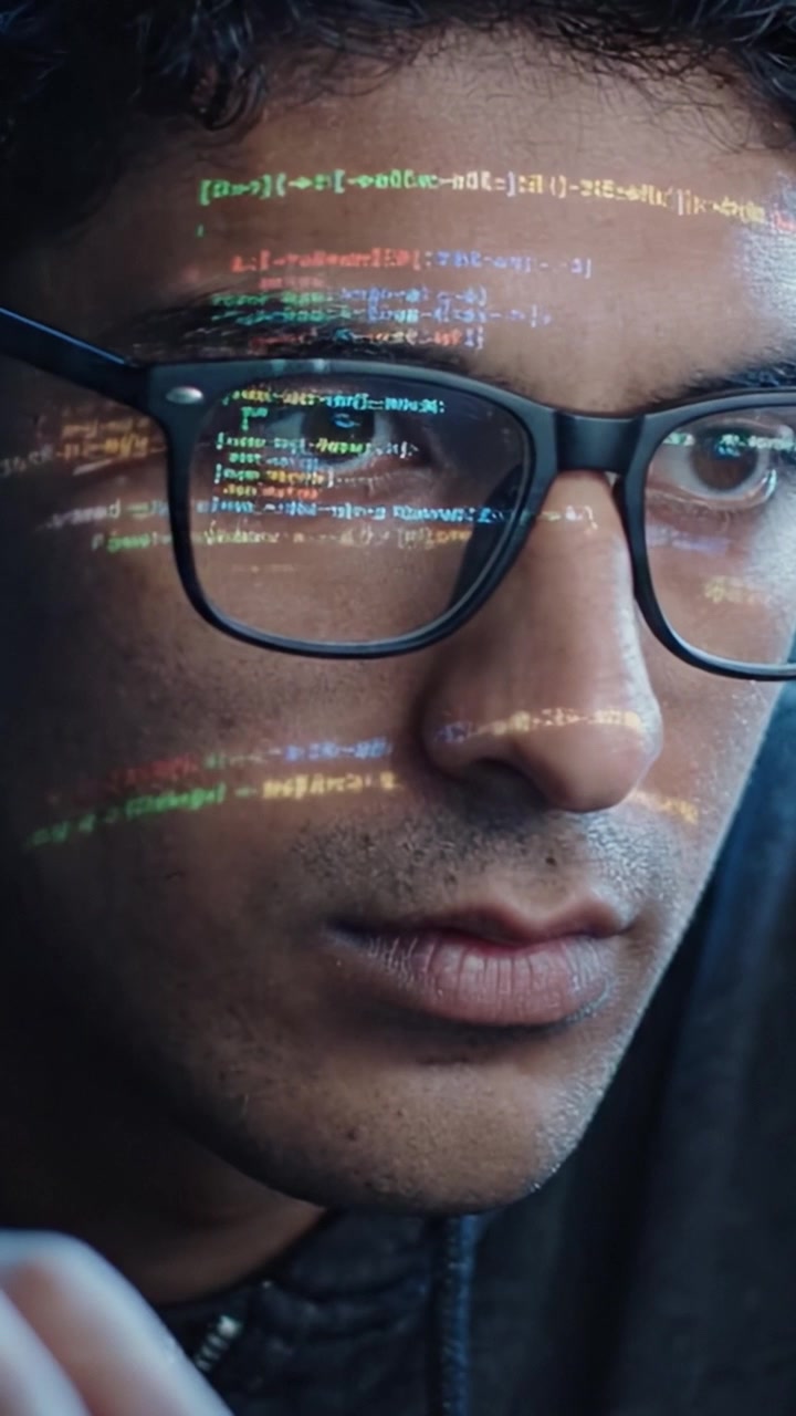 A Focused Programmer Analyzes Complex Code with Precision and Intensity, Illuminated by Colorful Syntax Highlighting Reflecting on His Glasses