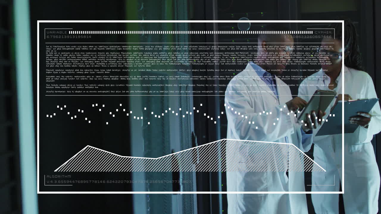 In laboratory, scientists analyzing data with graphs and animation overlays