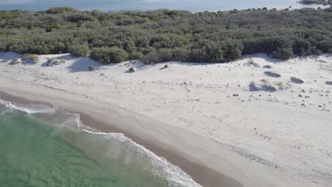 tropical beach and white sandy shore, bribie island in queensland, australia - aerial drone shot