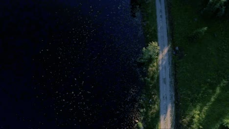 overhead aerial of dirt road by lake