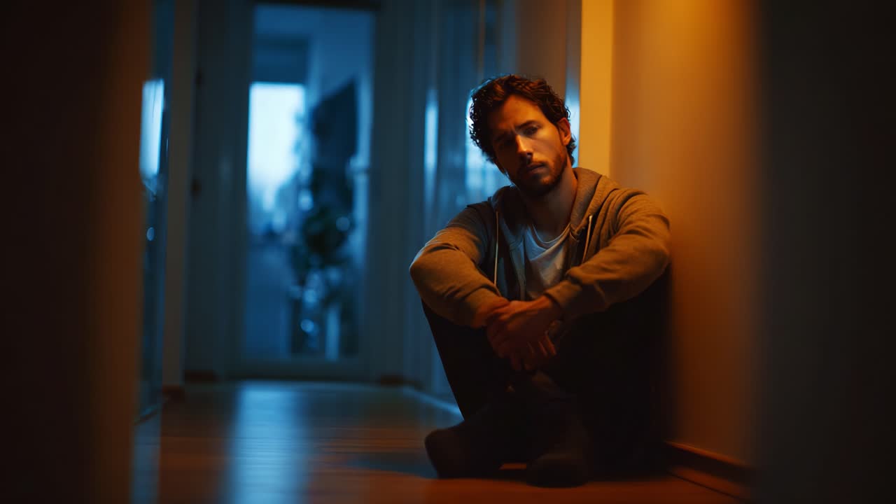 A contemplative figure sits in a corridor, surrounded by shadows and soft light, reflecting on thoughts, emotions, and life challenges in a serene atmosphere