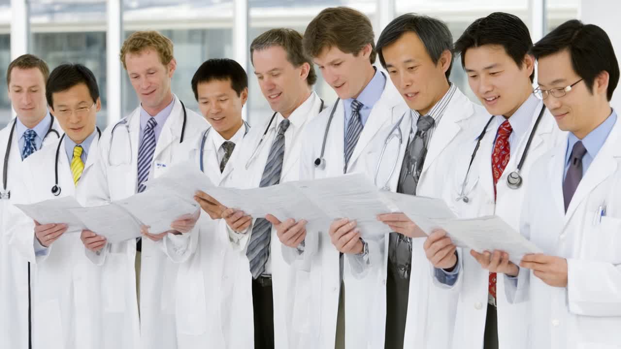 Group of Healthcare Professionals Collaborating in Discussion, Each Wearing White Coats and Holding Medical Documents in a Bright, Modern Environment