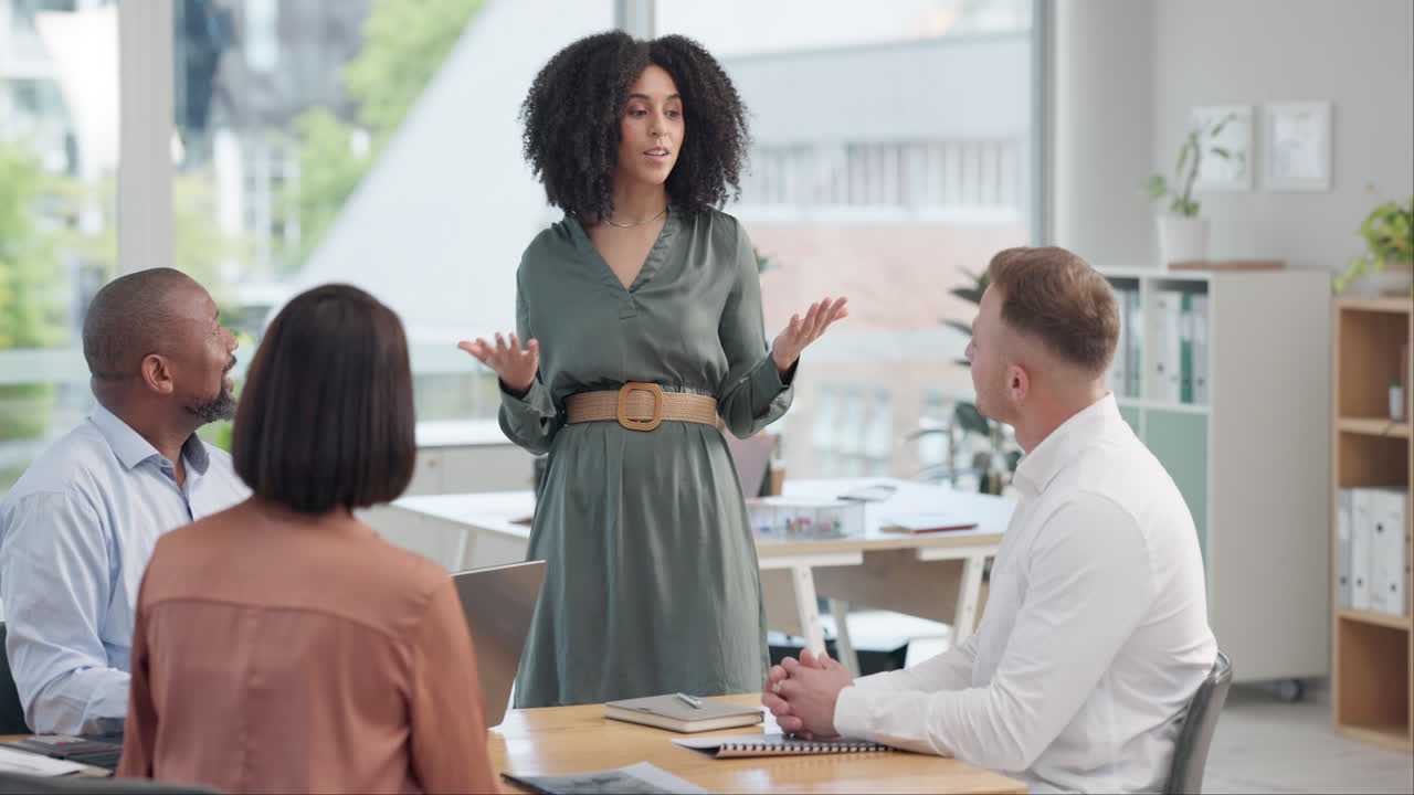 Business, woman or speaker with team for meeting