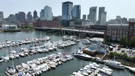 drone shot of a boating marina in boston, massachusetts