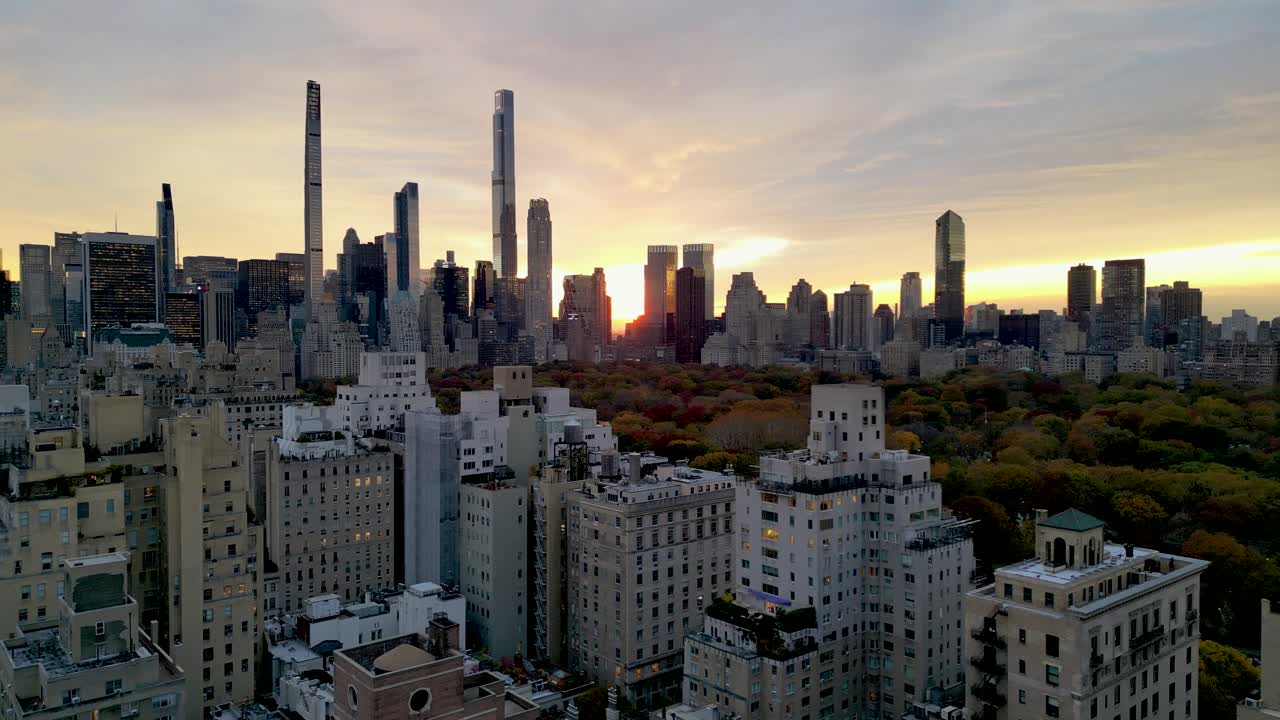 Sunset over Manhattan, Upper East Side Aerial Panorama, Golden Hour Foliage
