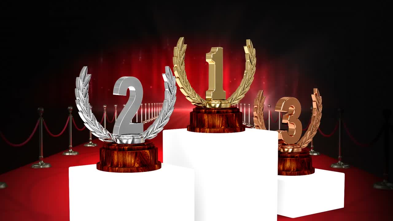 Animation of first, second and third place award trophies at winners' prize giving ceremony