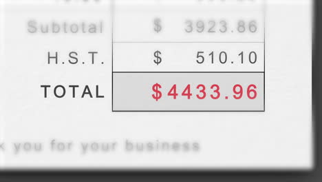 static animation of a growing invoice total in canadian dollars with hst