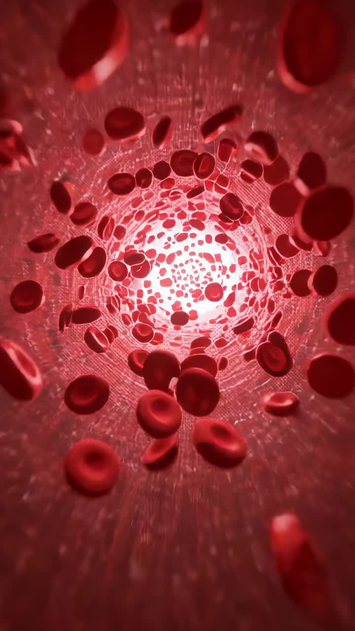 Vertical video: Moving camera driving RBCs tilting and moving along vessel toward light mesh specks