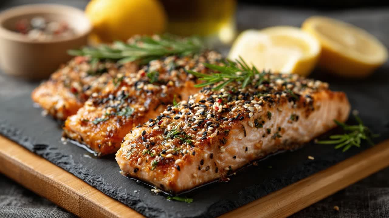 Deliciously Grilled Salmon Fillets Topped with Herbs, Spices, and Zesty Lemon, Perfectly Plated on a Slate Board for Culinary Appeal