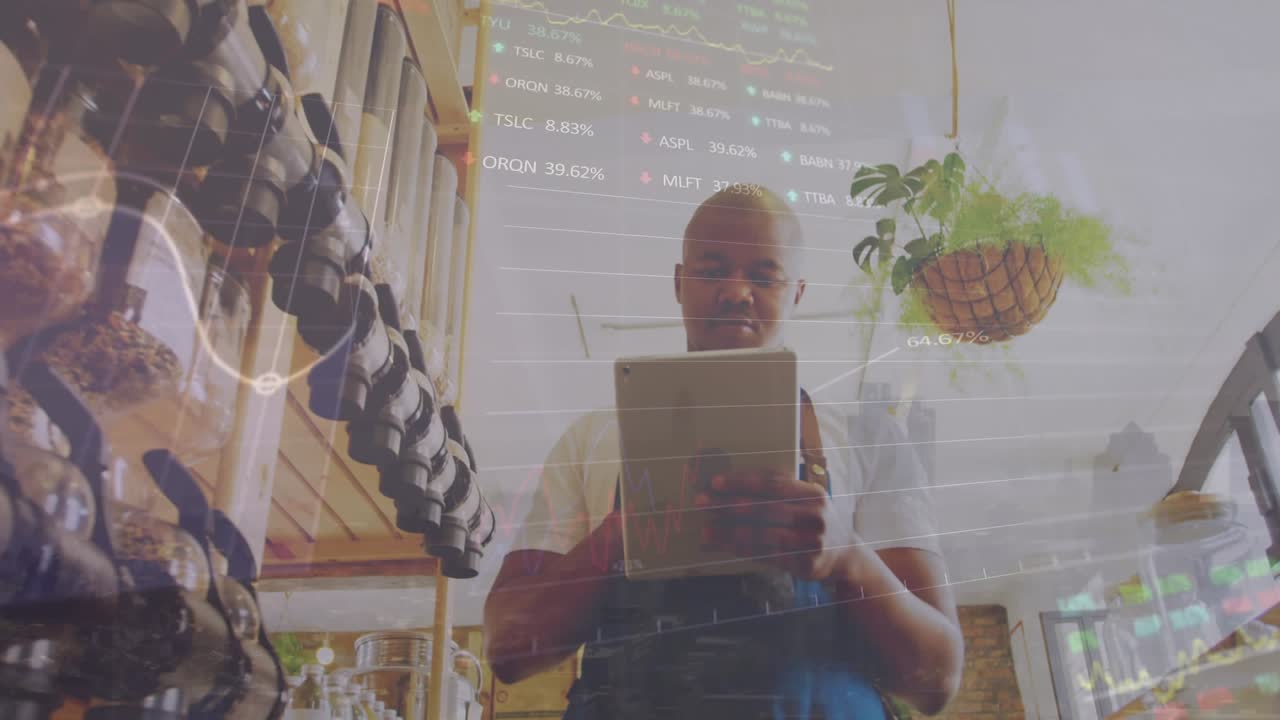 Animazione di elaborazione dati finanziari su un lavoratore afroamericano che utilizza un tablet digitale in un negozio