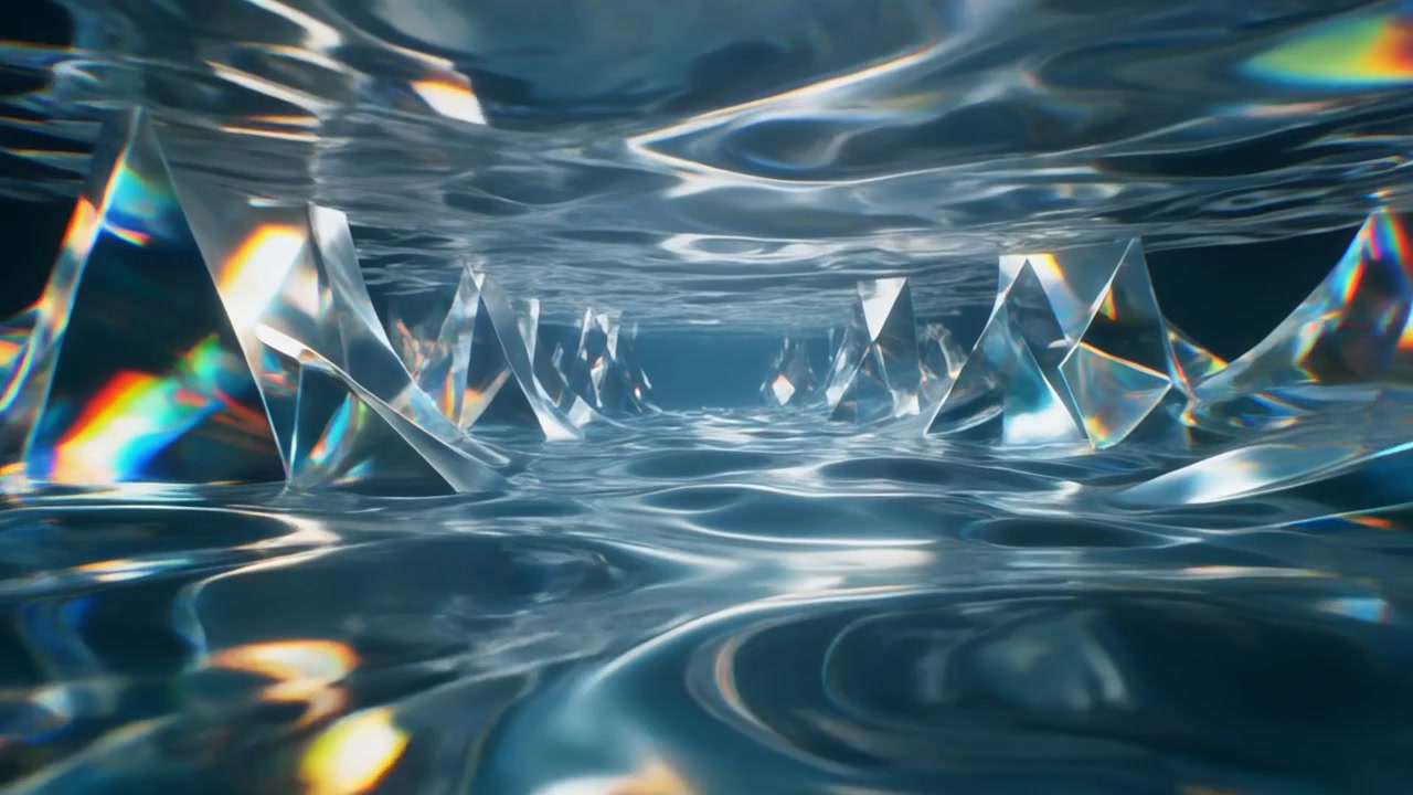 Animazione 3D astratta di superficie liquida con prismi di cristallo
