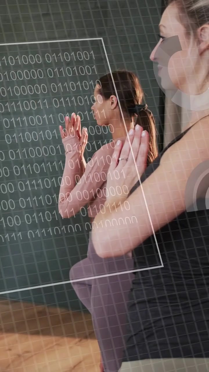 Video verticale: HUD che mostra due donne che si bilanciano su una gamba in grafici fitness che monitorano l'equilibrio.