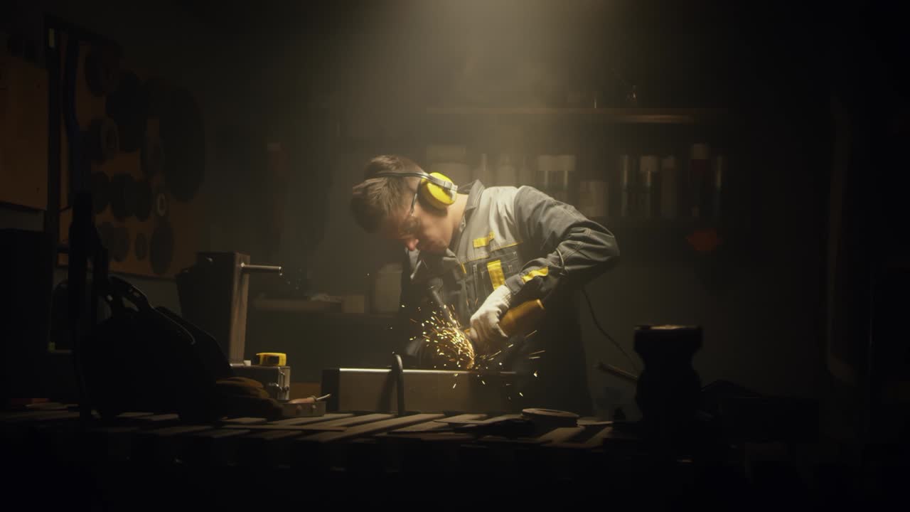 A man works with a circular saw. Worker grinder grinds metal in workshop. Sparks fly from hot metal. The man worked hard on the steel. Close-up slow motion in the garage. 4K video. Shot on RED