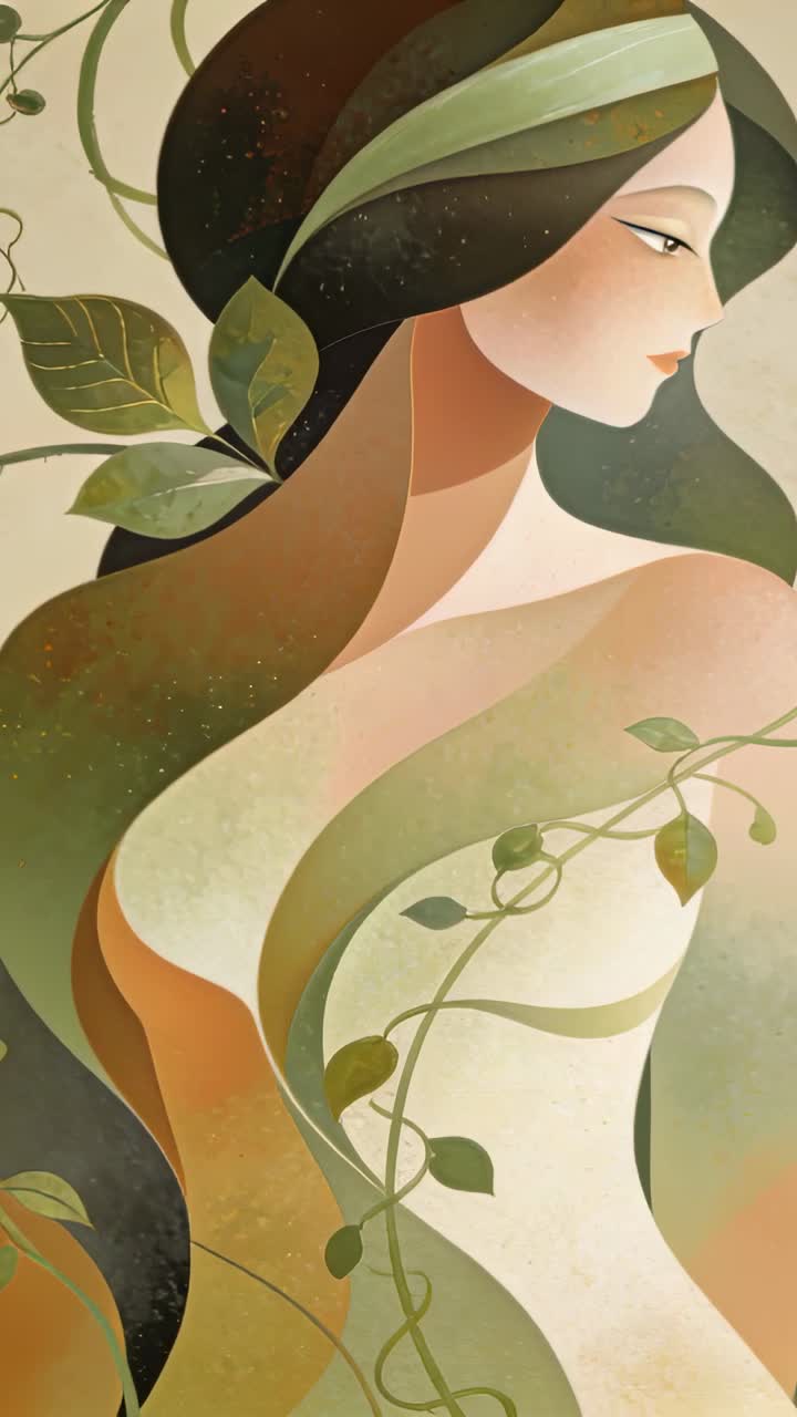 Vidéo verticale : Femme en mouvement encadrée, levant les yeux, un motif de feuilles formant un bandeau, révélant son visage dans un décor végétal.