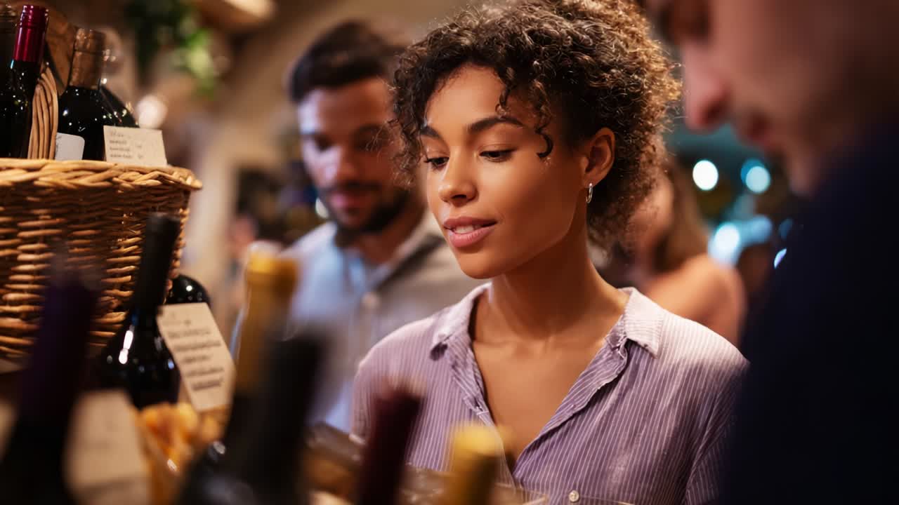 A woman carefully examines the selection of wines in a bustling store, surrounded by shelves filled with bottles and the presence of others, capturing a moment of curiosity and delight in her expression