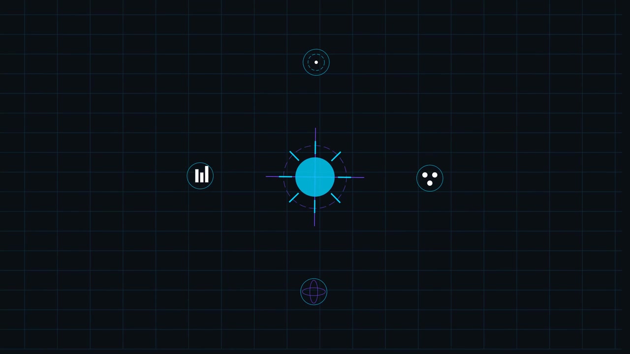 Abstract Digital Interface with Rotating Icons and Data Elements
