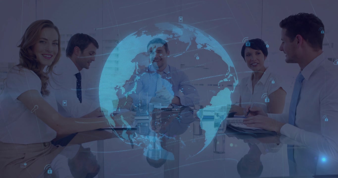 Business team tapping laptops, analyzing markets with hologram globe and pulsing icons