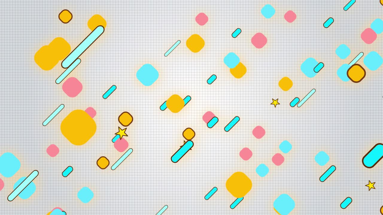 Loop cartoon geometric shapes, gradient rounded rectangles moving diagonally grid background.