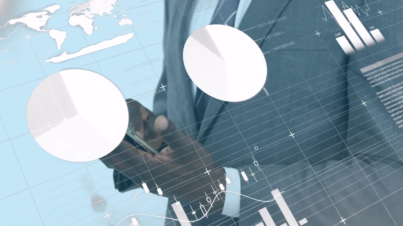 Animation von Diagrammen und Datenverarbeitung über einem afroamerikanischen Geschäftsmann, der ein Smartphone nutzt.