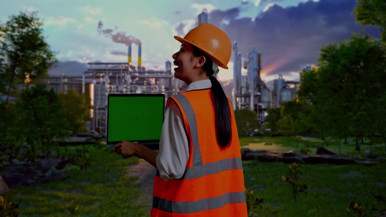 Back View Of Asian Female Engineer With Safety Helmet Working On A Green Screen Laptop And Looking Around In Front Of Oil Refinery