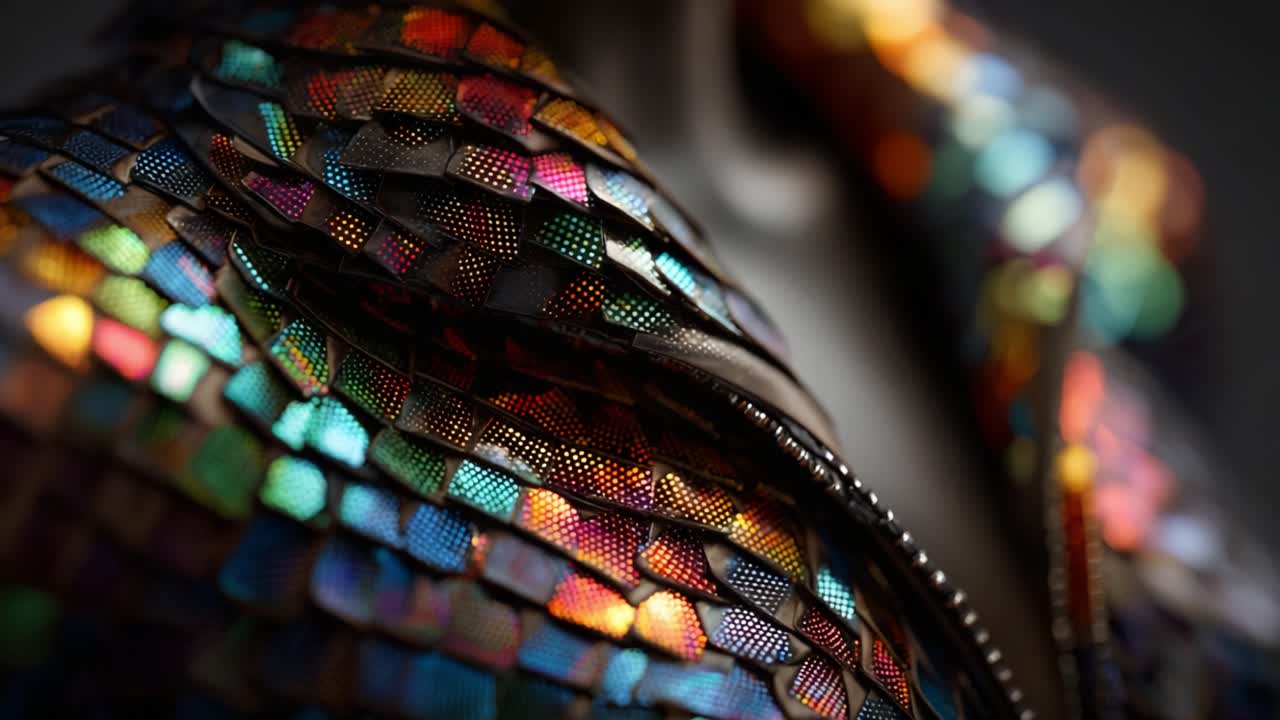 A close-up view of a shimmering iridescent jacket showcasing intricate scale-like patterns that reflect various colors, perfect for a fashion-forward statement in modern clothing