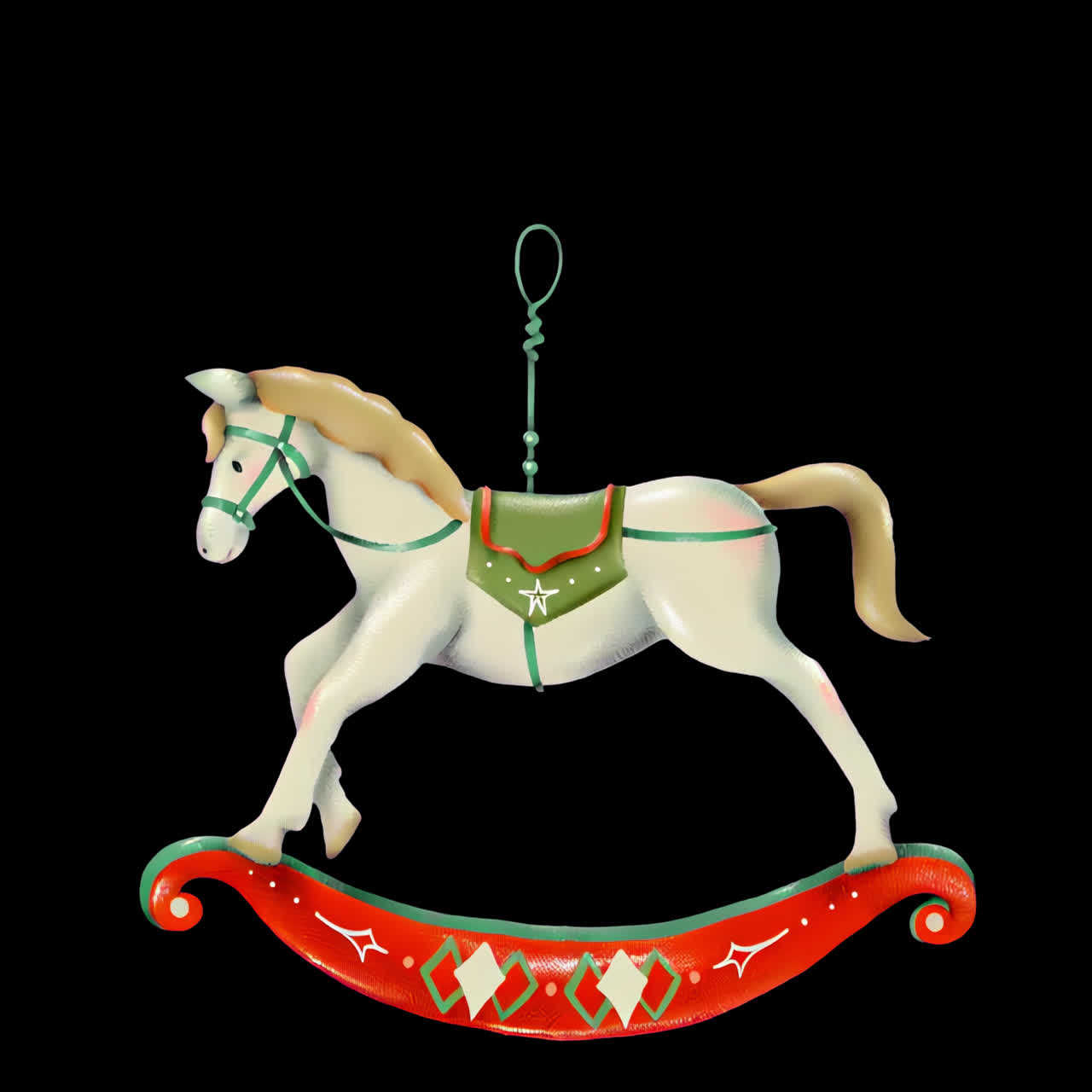 Vintage rocking horse ornament animation isolated asset, transparent 4K video, alpha channel, ProRes