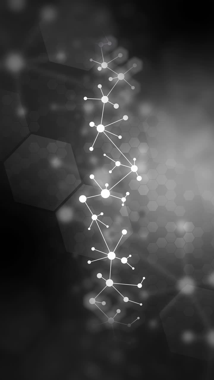 Molecular structural grid. Lines and dots forming a mesh. Background for communications, technology, science. White on black loop background. Vertical video.