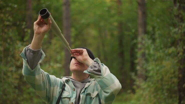 Explorer examining equipment, Adventurer studying handmade telescope, User inspecting crafted spyglass amidst forest trails, Researcher carefully adjusting lens on handmade spyglass outdoors