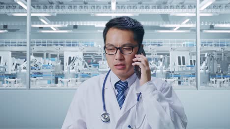 Doctor on Phone in a Modern Factory Setting