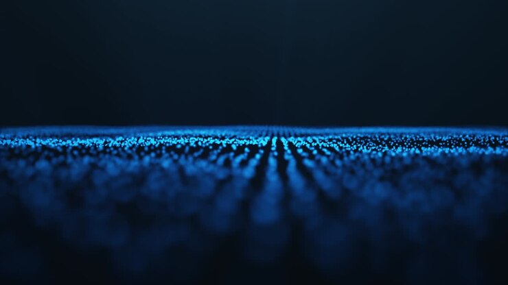 Abstract motion background of shining particles, digital wave, sparkling blue particles. Beautiful blue floating particles with shine light. Seamless Loopable 3D 4K.