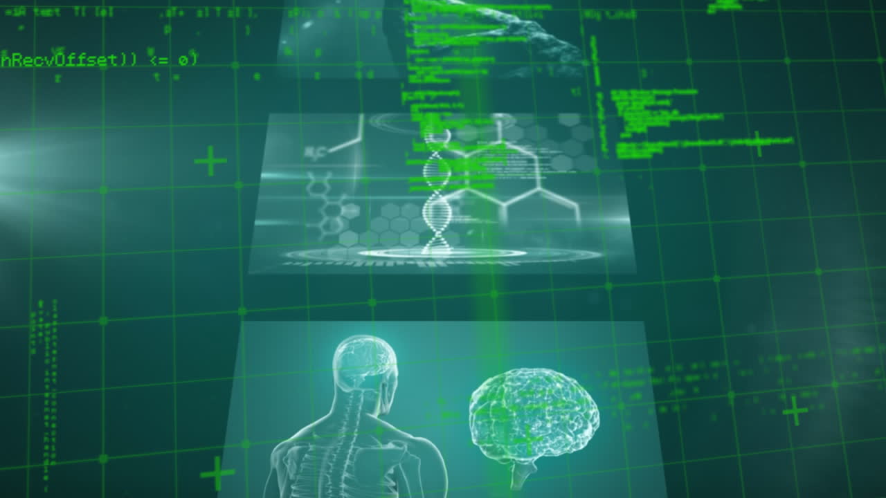 animación del hilado de cadenas de adn y procesamiento de datos médicos