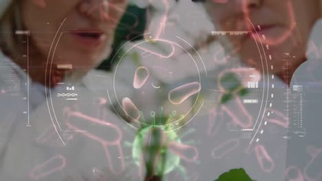 animation of scope scanning and  covid-19 spreading over scientists in the background.