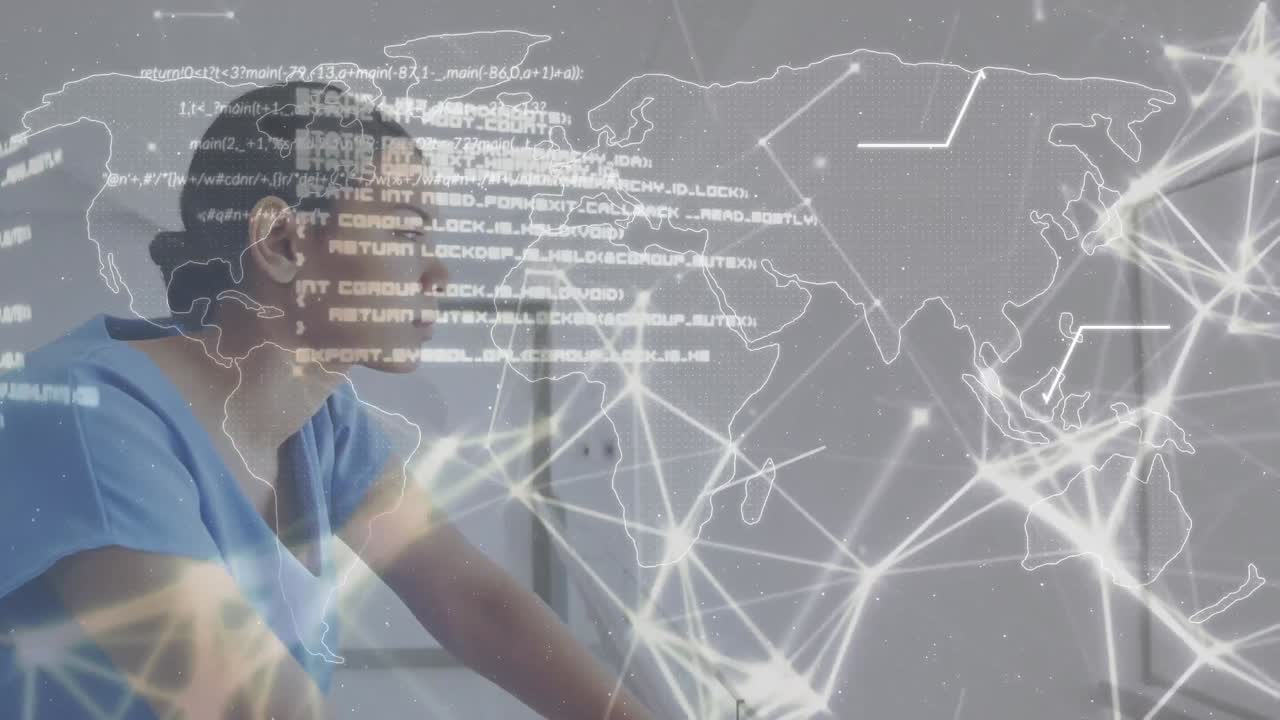 세계 지도와 데이터 처리의 애니메이션은 병원에서 스트레스를 받은 두 인종의 여성 의료 인력에 대한 것입니다.