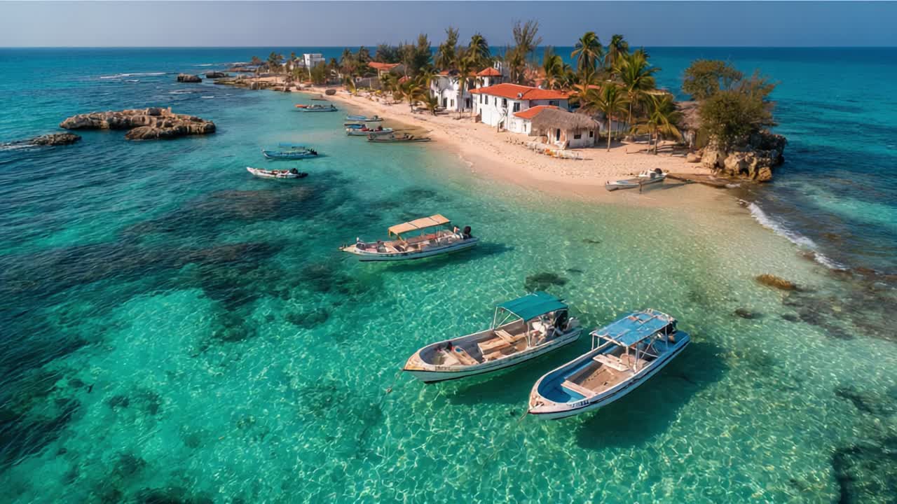 Sereno paradiso tropicale: una vista aerea mozzafiato di acque cristalline, palme lussureggianti e un pittoresco villaggio costiero con barche ancorate in una baia tranquilla