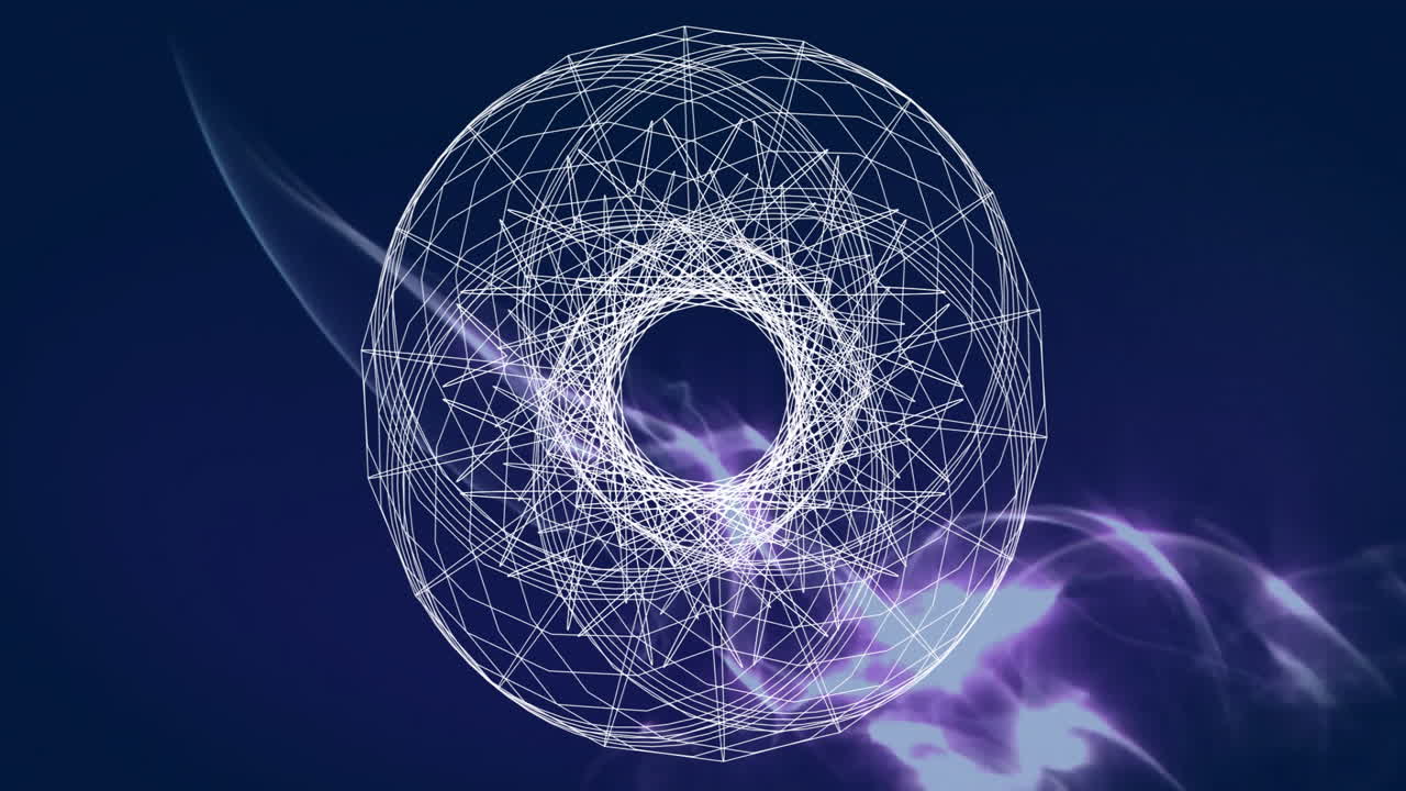 Glowing purple energy animation in geometric wireframe sphere on dark background