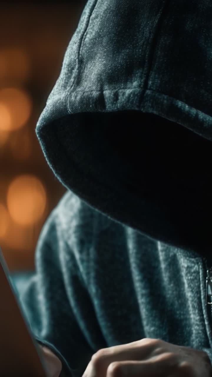 En mystisk figur i en hættetrøje, engageret i spændende aktiviteter bag en bærbar computer, indhyllet i skygger og en gådefuld atmosfære.