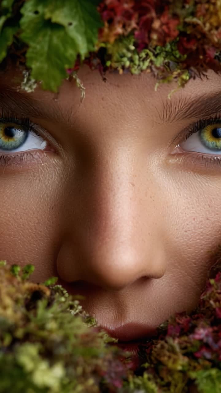 Close-up de uma mulher cercada por uma vegetação verde vibrante, capturando a essência da natureza e da conexão humana através de elementos orgânicos exuberantes