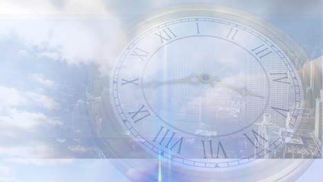 animation of cityscape over clock moving