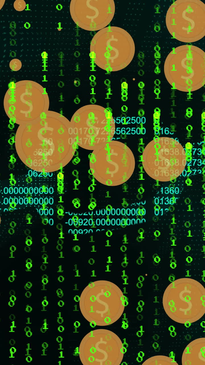 animación de símbolos de dólares sobre fondo negro con letras verdes