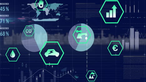 animación de múltiples iconos digitales y procesamiento de datos estadísticos contra un fondo azul.