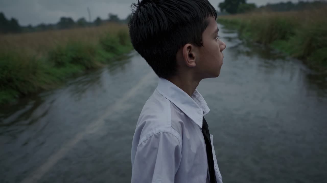 Young student wearing a wet white shirt and tie stands near a river during monsoon season, looking down with an expression of sadness and loneliness, reflecting on life's challenges