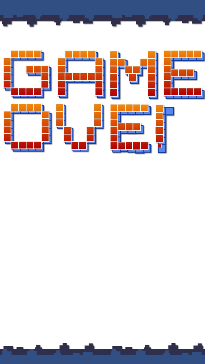 Retro piksel sanat uzay gemisi, beyaz arka plan üzerinde dikey konumda 'Game Over' yazısına ateş ediyor.