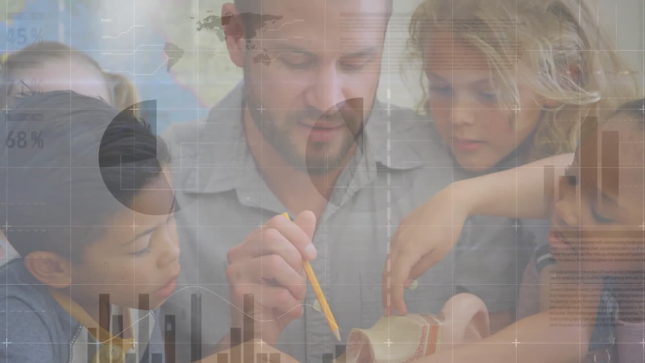 학생들에게 3d 모델을 설명하는 다양한 남성 교사에 대한 인포그래픽 인터페이스의 애니메이션