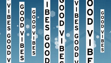 animation of good vibes text over geometrical shapes on blue background